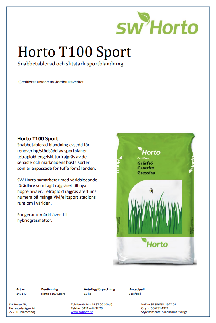 Gräsfrö Horto T100 Sport till Hybridgräs 15kg